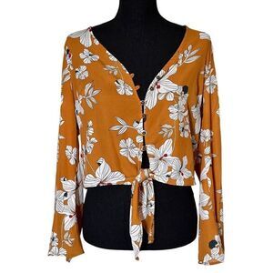 Urban Romantics Mustard Yellow Floral Pattern Button Up Blouse With Tie at Waist